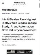 National Today Infiniti Dealers Rank Highest in 2026 Web Lead Response Study; AI and Automation Drive Industry Improvement